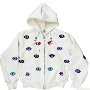 Lola + The Boys Evil Eye Hoodie Womens White Beaded Embroidered Zip Sz M